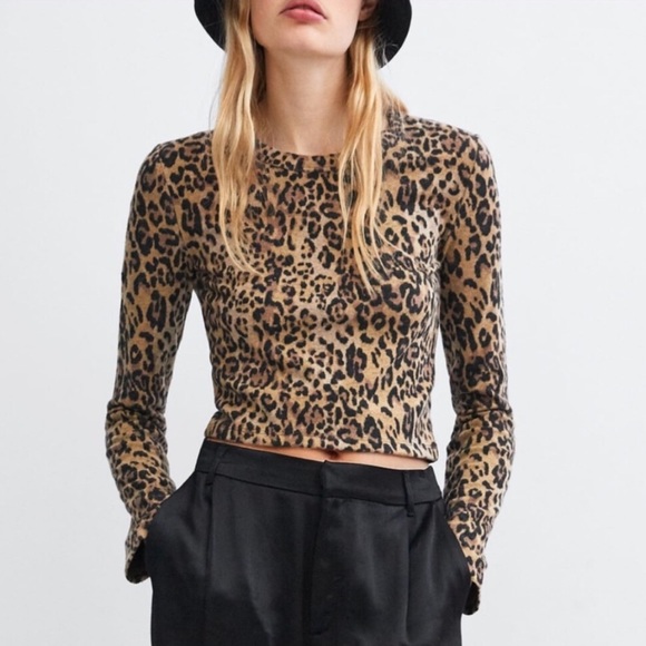 Zara Sweaters - Zara | Cropped Leopard Print Knit Sweatshirt NWT S